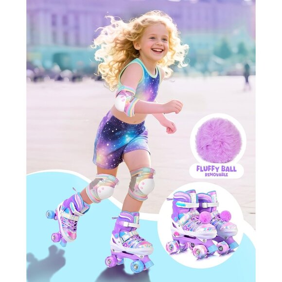 Kids Purple Rainbow Adjustable Light Up Roller Skates With Fluffy Pom Poms - Picture 6 of 9